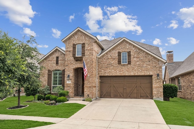 4138 Sanders Dr, Celina, TX 75009 - view of front of home with brick siding, a front lawn, driveway, and a shingled roof
