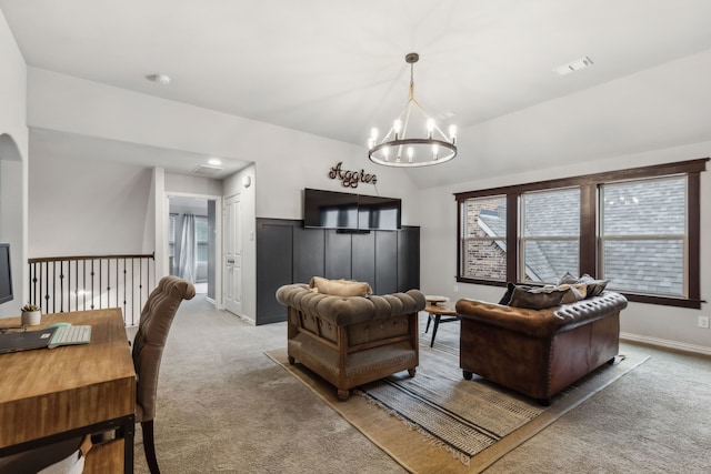 4138 Sanders Dr, Celina, TX 75009 - living area featuring carpet floors, a chandelier, baseboards, and vaulted ceiling