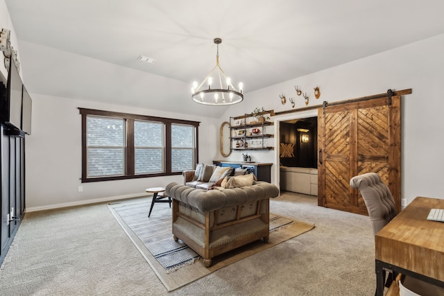 4138 Sanders Dr, Celina, TX 75009 - living area featuring light colored carpet, a barn door, a chandelier, and baseboards