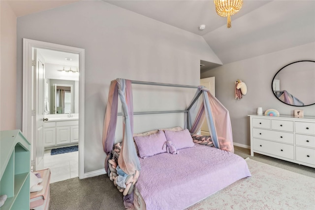 4138 Sanders Dr, Celina, TX 75009 - bedroom featuring vaulted ceiling, connected bathroom, carpet flooring, and baseboards