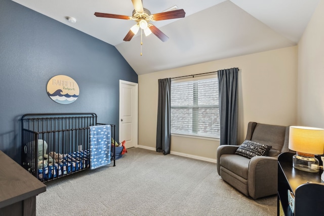 4138 Sanders Dr, Celina, TX 75009 - carpeted bedroom featuring vaulted ceiling, a crib, baseboards, and ceiling fan