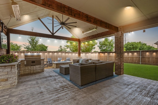 4138 Sanders Dr, Celina, TX 75009 - fenced backyard featuring an outdoor living space with a fire pit, a gazebo, and a ceiling fan