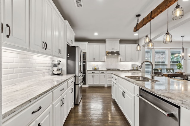 4138 Sanders Dr, Celina, TX 75009 - kitchen with stainless steel appliances, a sink, white cabinetry, under cabinet range hood, and recessed lighting