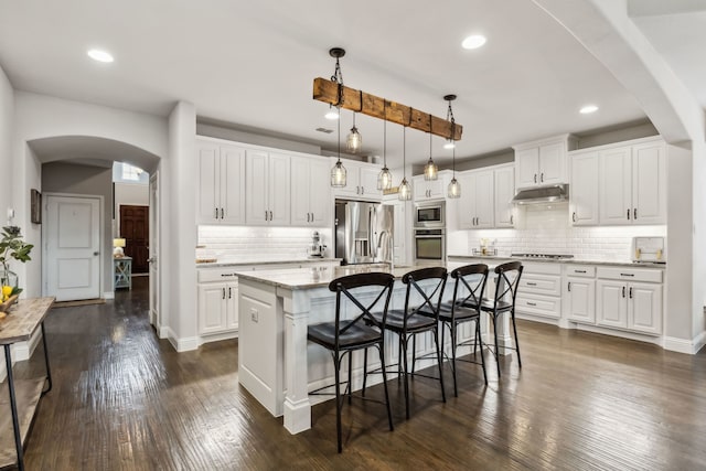 4138 Sanders Dr, Celina, TX 75009 - kitchen with appliances with stainless steel finishes, under cabinet range hood, decorative backsplash, a breakfast bar, and arched walkways