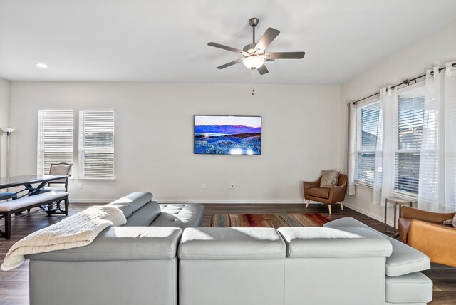 9517 Sunset Ln, Oak Point, TX 75068 - living area with dark wood-type flooring, baseboards, ceiling fan, and recessed lighting