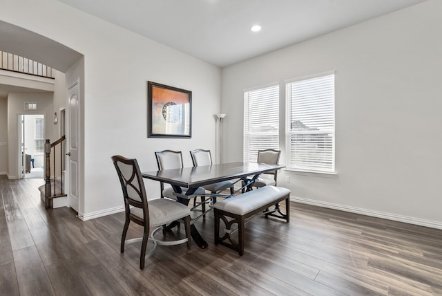 9517 Sunset Ln, Oak Point, TX 75068 - dining space with baseboards, dark wood-style flooring, recessed lighting, and stairs