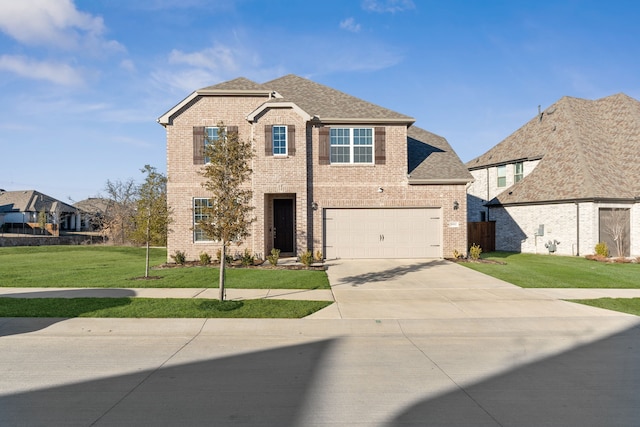 9517 Sunset Ln, Oak Point, TX 75068 - traditional home with brick siding, driveway, a front yard, an attached garage, and a shingled roof