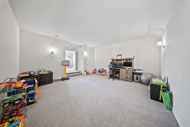 9517 Sunset Ln, Oak Point, TX 75068 - playroom featuring carpet and lofted ceiling