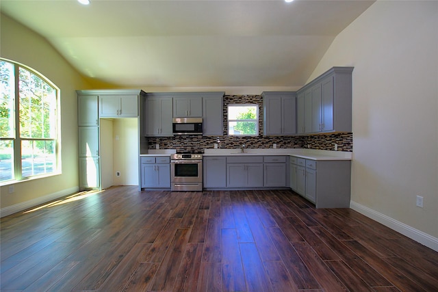 1905 S Walnut St, Sherman, TX 75090 - kitchen featuring appliances with stainless steel finishes, gray cabinets, vaulted ceiling, dark wood-type flooring, and a sink