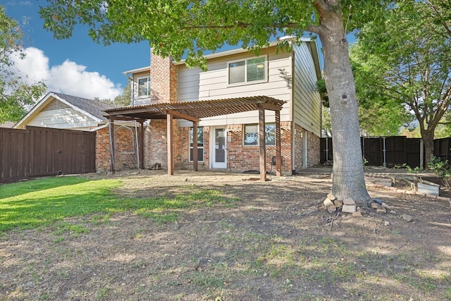 4400 Boston Dr, Plano, TX 75093 - rear view of property with a pergola, brick siding, a fenced backyard, and a chimney