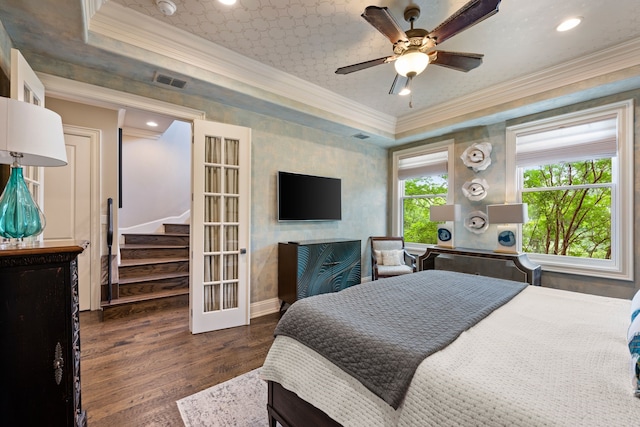 1532 Main St, Southlake, TX 76092 - bedroom featuring wood finished floors, crown molding, baseboards, recessed lighting, and ceiling fan