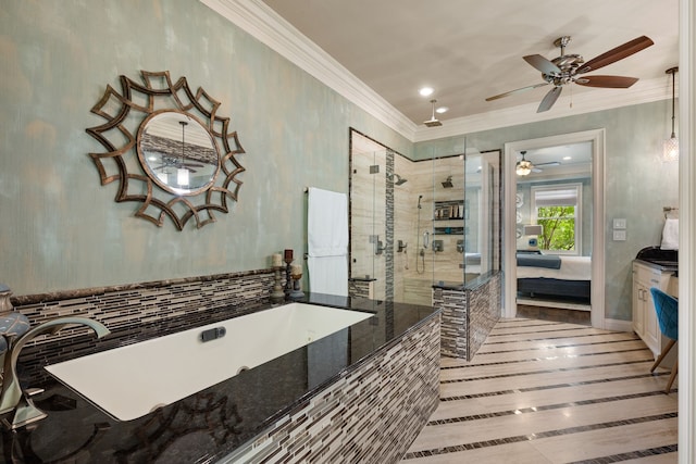 1532 Main St, Southlake, TX 76092 - ensuite bathroom with crown molding, a stall shower, a ceiling fan, a freestanding bath, and recessed lighting