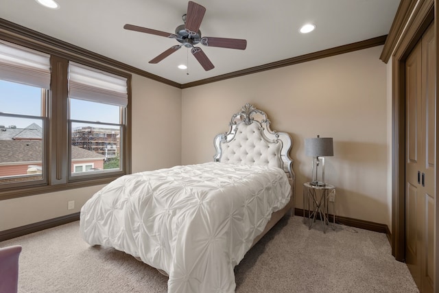 1532 Main St, Southlake, TX 76092 - bedroom with carpet, baseboards, ornamental molding, recessed lighting, and ceiling fan