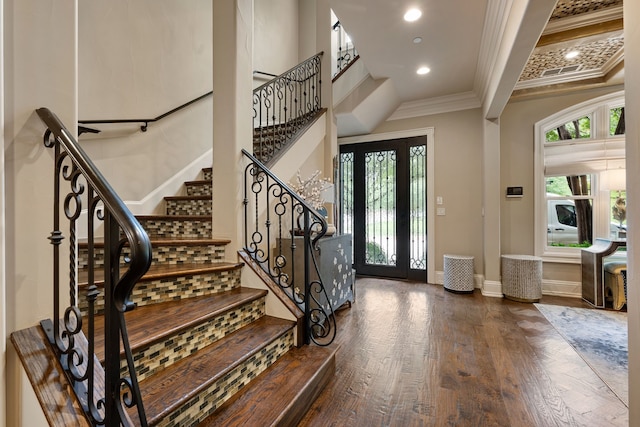 1532 Main St, Southlake, TX 76092 - entrance foyer with ornamental molding, wood finished floors, baseboards, stairs, and recessed lighting