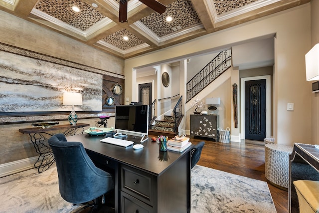 1532 Main St, Southlake, TX 76092 - home office with crown molding, coffered ceiling, baseboards, wood finished floors, and beam ceiling