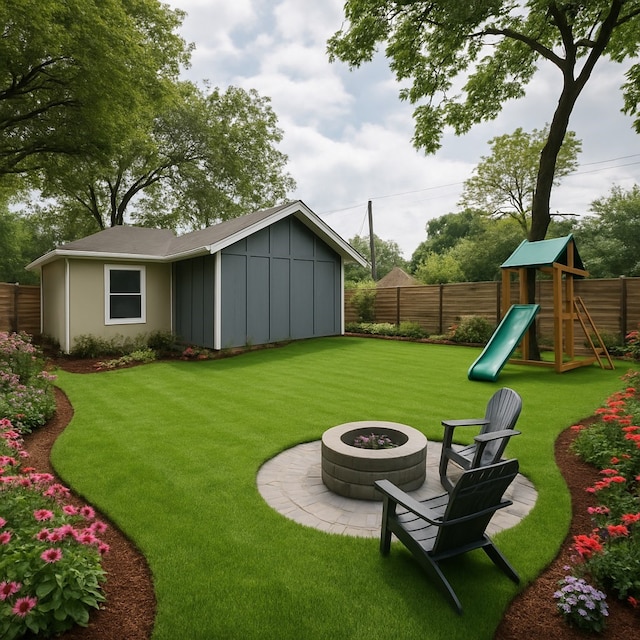 3801 Carpenter Ave, Dallas, TX 75210 - view of yard featuring an outdoor fire pit and a playground