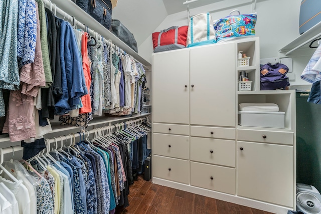 walk in closet featuring dark wood finished floors and lofted ceiling