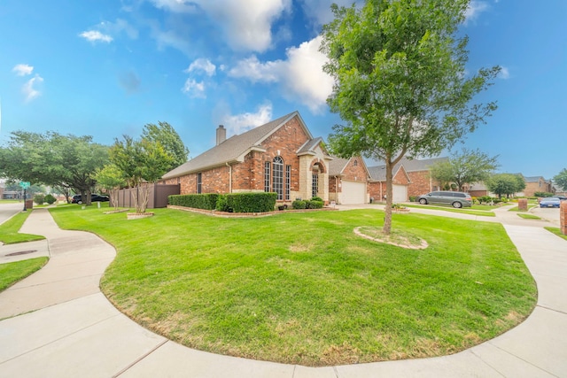 view of front of house with brick siding, concrete driveway, a chimney, and a garage