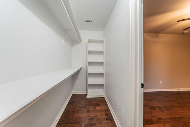 walk in closet featuring wood finished floors and a ceiling fan