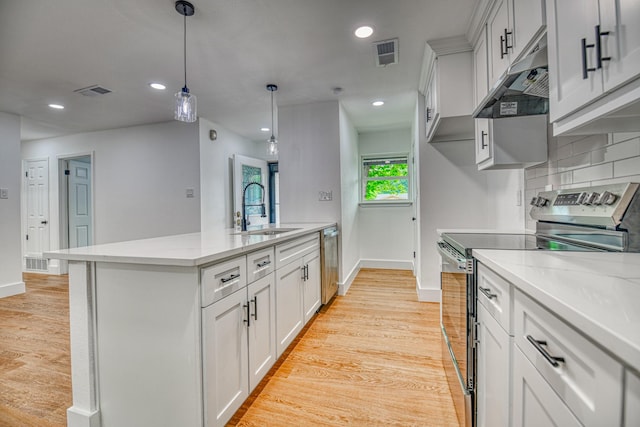 kitchen featuring stainless steel appliances, a sink, under cabinet range hood, baseboards, and recessed lighting