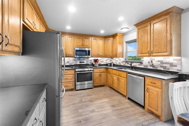 677 County Road 4027, Savoy, TX 75479 - kitchen featuring appliances with stainless steel finishes, a sink, backsplash, dark countertops, and recessed lighting