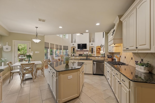 3002 Spring Hill Ln, Highland Village, TX 75077 - kitchen with stainless steel dishwasher, decorative backsplash, gas cooktop, light tile patterned floors, and recessed lighting