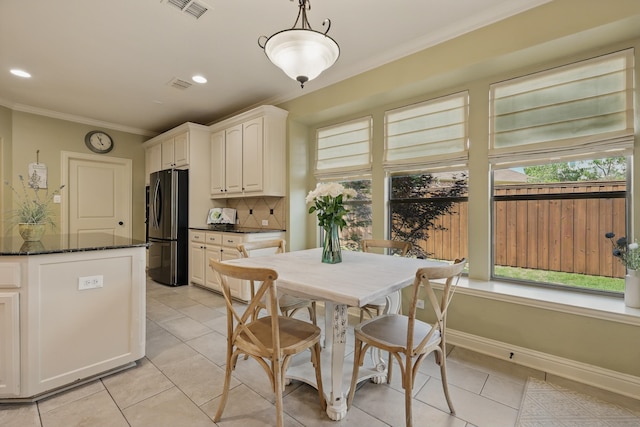 3002 Spring Hill Ln, Highland Village, TX 75077 - dining space featuring crown molding, light tile patterned floors, recessed lighting, and baseboards