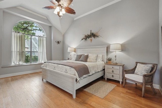 3002 Spring Hill Ln, Highland Village, TX 75077 - bedroom featuring baseboards, wood finished floors, crown molding, vaulted ceiling, and ceiling fan