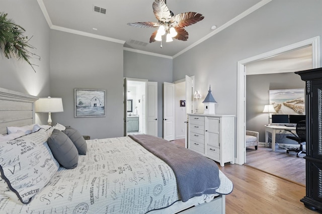 3002 Spring Hill Ln, Highland Village, TX 75077 - bedroom featuring light wood-style flooring, ornamental molding, ensuite bathroom, and ceiling fan
