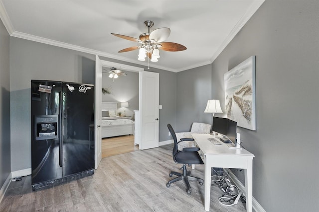 3002 Spring Hill Ln, Highland Village, TX 75077 - office with ornamental molding, ceiling fan, wood finished floors, and baseboards