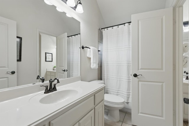 3002 Spring Hill Ln, Highland Village, TX 75077 - bathroom featuring toilet, vanity, tile patterned flooring, lofted ceiling, and curtained shower