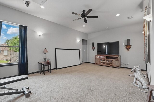 3002 Spring Hill Ln, Highland Village, TX 75077 - carpeted home theater with ceiling fan, recessed lighting, and baseboards