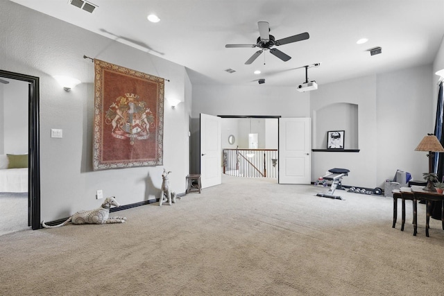 3002 Spring Hill Ln, Highland Village, TX 75077 - carpeted living room featuring a ceiling fan and recessed lighting
