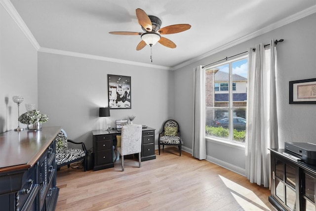 3002 Spring Hill Ln, Highland Village, TX 75077 - office space with healthy amount of natural light, ornamental molding, light wood-style floors, ceiling fan, and baseboards