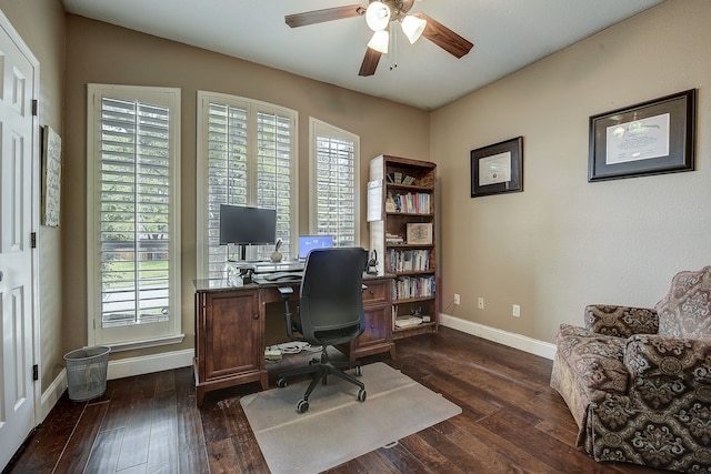 4205 English Ivy Dr, Mckinney, TX 75070 - office with a ceiling fan, dark wood-style flooring, and baseboards