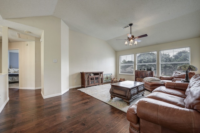 4205 English Ivy Dr, Mckinney, TX 75070 - living room featuring lofted ceiling, hardwood / wood-style flooring, a ceiling fan, baseboards, and a textured ceiling