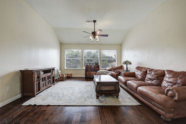 4205 English Ivy Dr, Mckinney, TX 75070 - living area featuring a ceiling fan, vaulted ceiling, wood finished floors, baseboards, and a textured ceiling