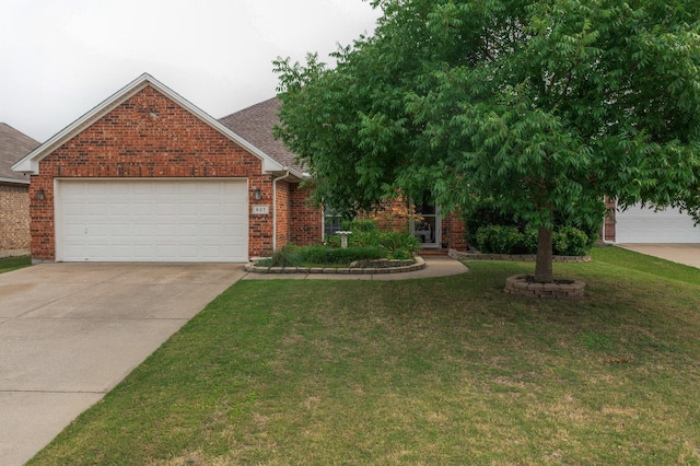 view of front of property featuring brick siding, concrete driveway, a front lawn, a garage, and roof with shingles