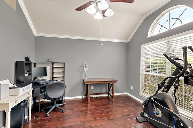 office area with crown molding, vaulted ceiling, ceiling fan, wood finished floors, and baseboards