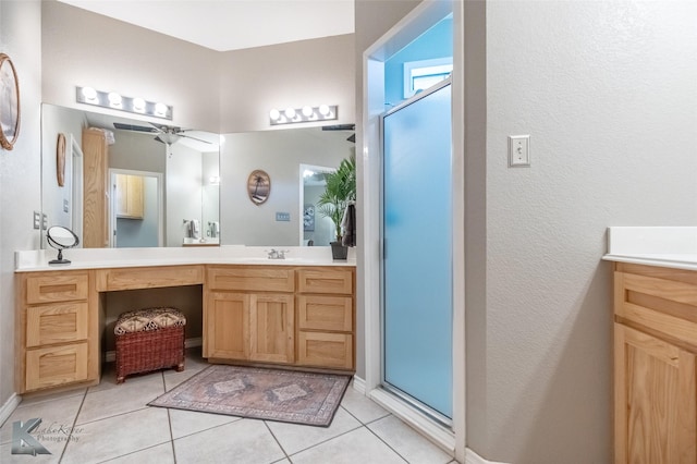 109 Fry Blvd, Tuscola, TX 79562 - full bathroom with vanity, a shower stall, tile patterned floors, ceiling fan, and a textured wall