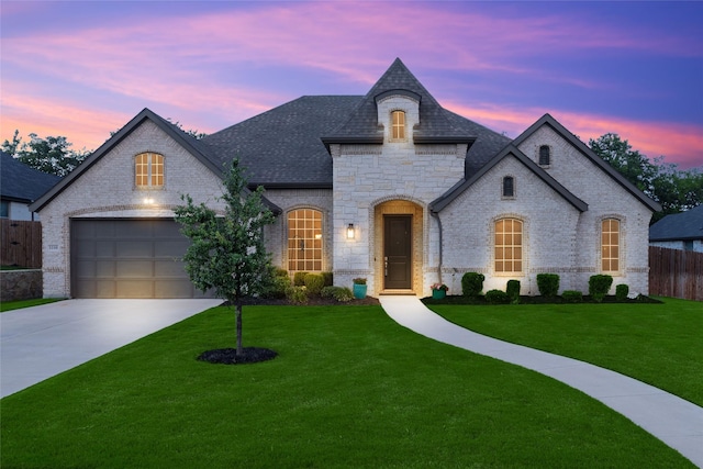 1100 Whisper Willows Dr, Fort Worth, TX 76052 - french country inspired facade featuring brick siding, stone siding, driveway, roof with shingles, and an attached garage