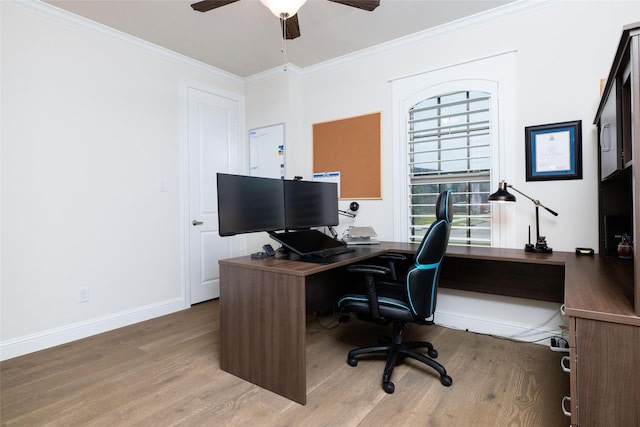 1100 Whisper Willows Dr, Fort Worth, TX 76052 - home office featuring wood finished floors, a ceiling fan, crown molding, and baseboards