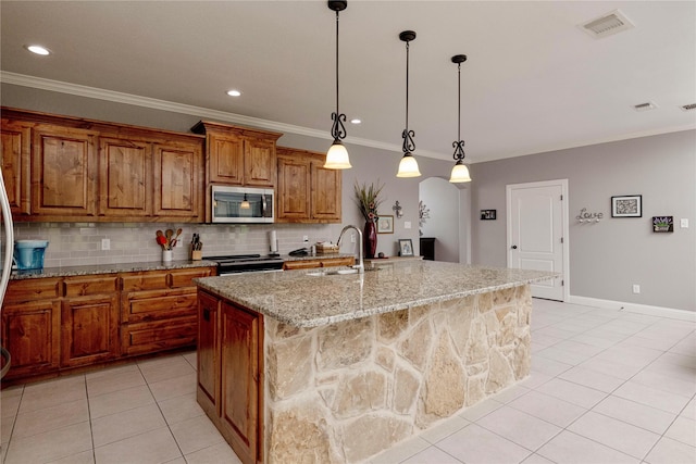 140 Pine Rd, Poolville, TX 76487 - kitchen with stainless steel microwave, a sink, brown cabinets, electric stove, and ornamental molding