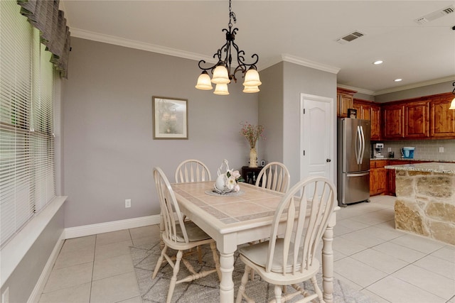 140 Pine Rd, Poolville, TX 76487 - dining area featuring ornamental molding, light tile patterned floors, a chandelier, baseboards, and recessed lighting