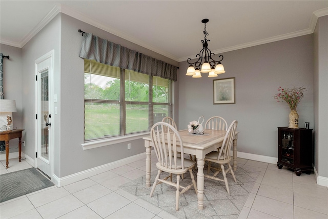 140 Pine Rd, Poolville, TX 76487 - dining area featuring ornamental molding, a chandelier, light tile patterned flooring, and baseboards