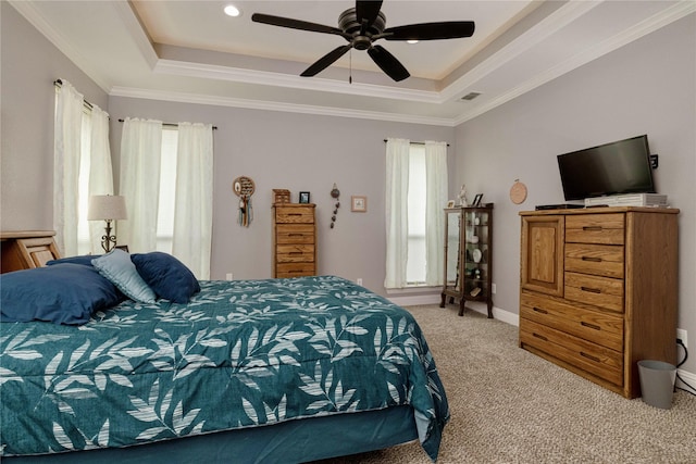140 Pine Rd, Poolville, TX 76487 - bedroom with a tray ceiling, multiple windows, light colored carpet, and crown molding