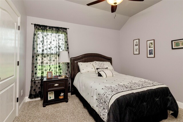 140 Pine Rd, Poolville, TX 76487 - bedroom featuring light carpet, lofted ceiling, baseboards, and a ceiling fan