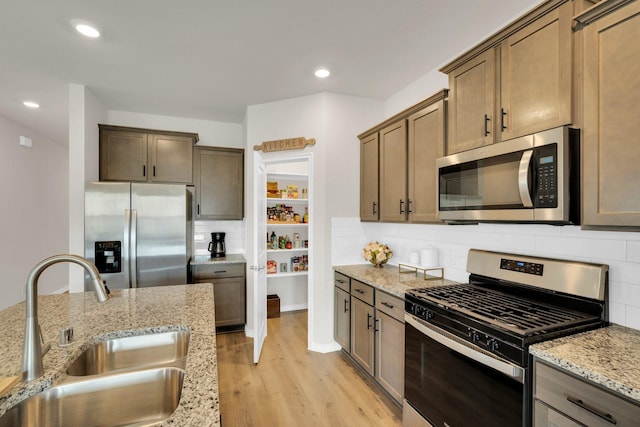 1403 Blossom Court Dr, Princeton, TX 75407 - kitchen featuring appliances with stainless steel finishes, a sink, light wood-style floors, tasteful backsplash, and light stone countertops