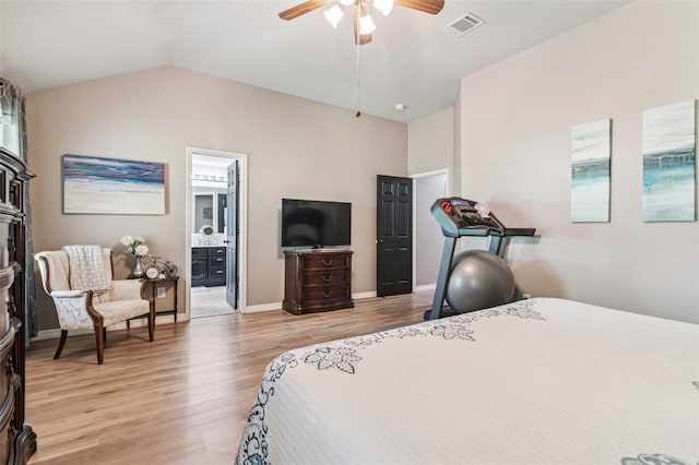 2630 Argyle Shore Dr, Rockwall, TX 75087 - bedroom with light wood-type flooring, vaulted ceiling, a ceiling fan, ensuite bathroom, and baseboards