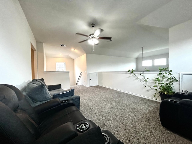 7425 Bledington Ln, Mckinney, TX 75071 - living room featuring carpet, ceiling fan, plenty of natural light, baseboards, and lofted ceiling